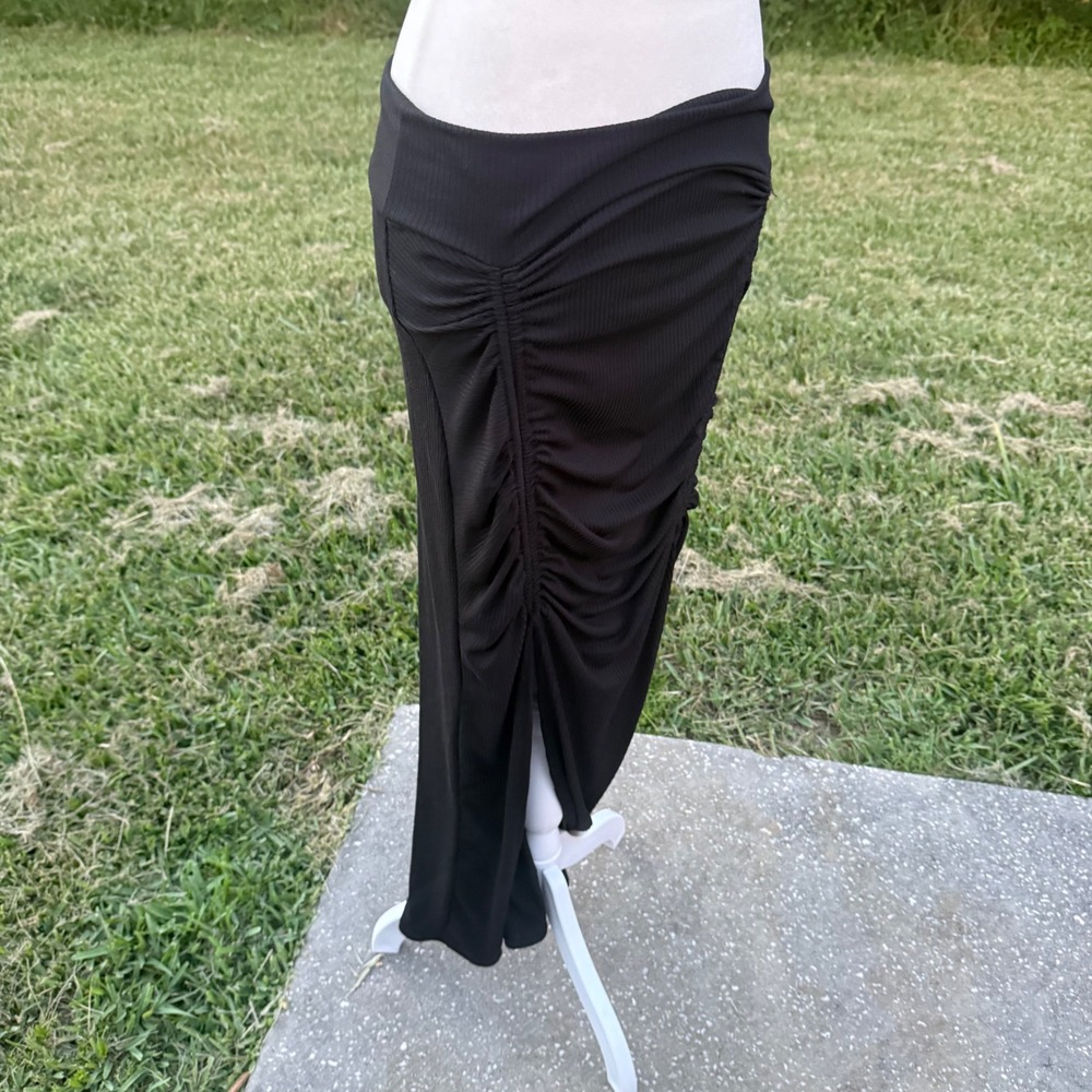 Ruched Ribbed Boho Double Split Maxi Skirt Whimsigoth Minimalist Women S Black